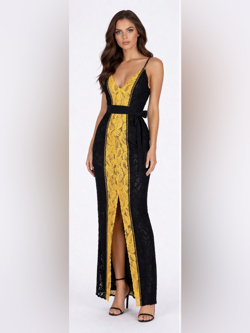 Hidden Label Black Lace Dress with Yellow Center Panel